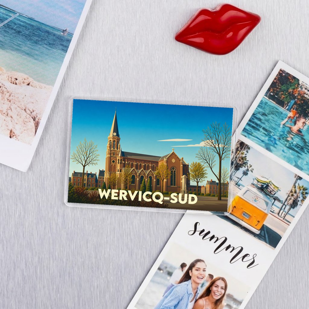 Magnet souvenir de la ville de Wervicq-Sud avec une illustration stylisée de son église.