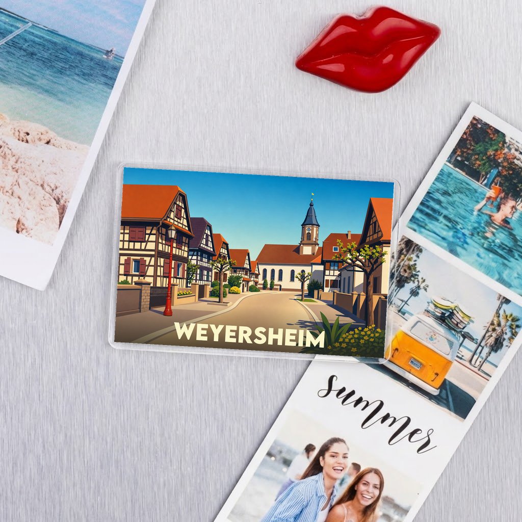 Magnet souvenir de la ville de Weyersheim avec une illustration stylisée.