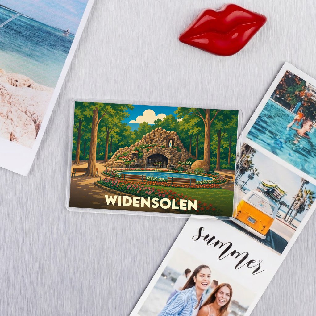 Magnet souvenir de la ville de Widensolen avec une illustration stylisée d'une grotte fleurie.