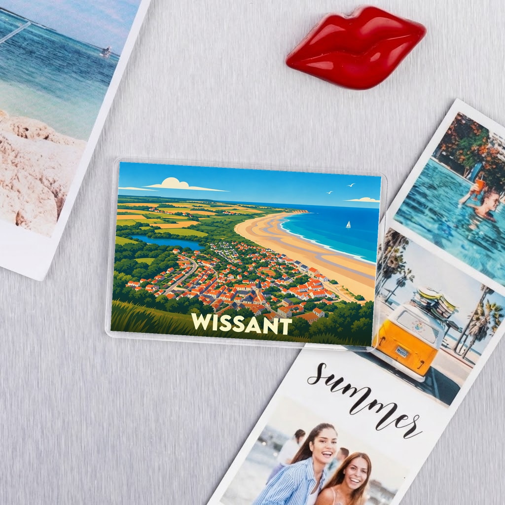Magnet souvenir de la ville de Wissant avec une illustration stylisée de sa côte et de son village.