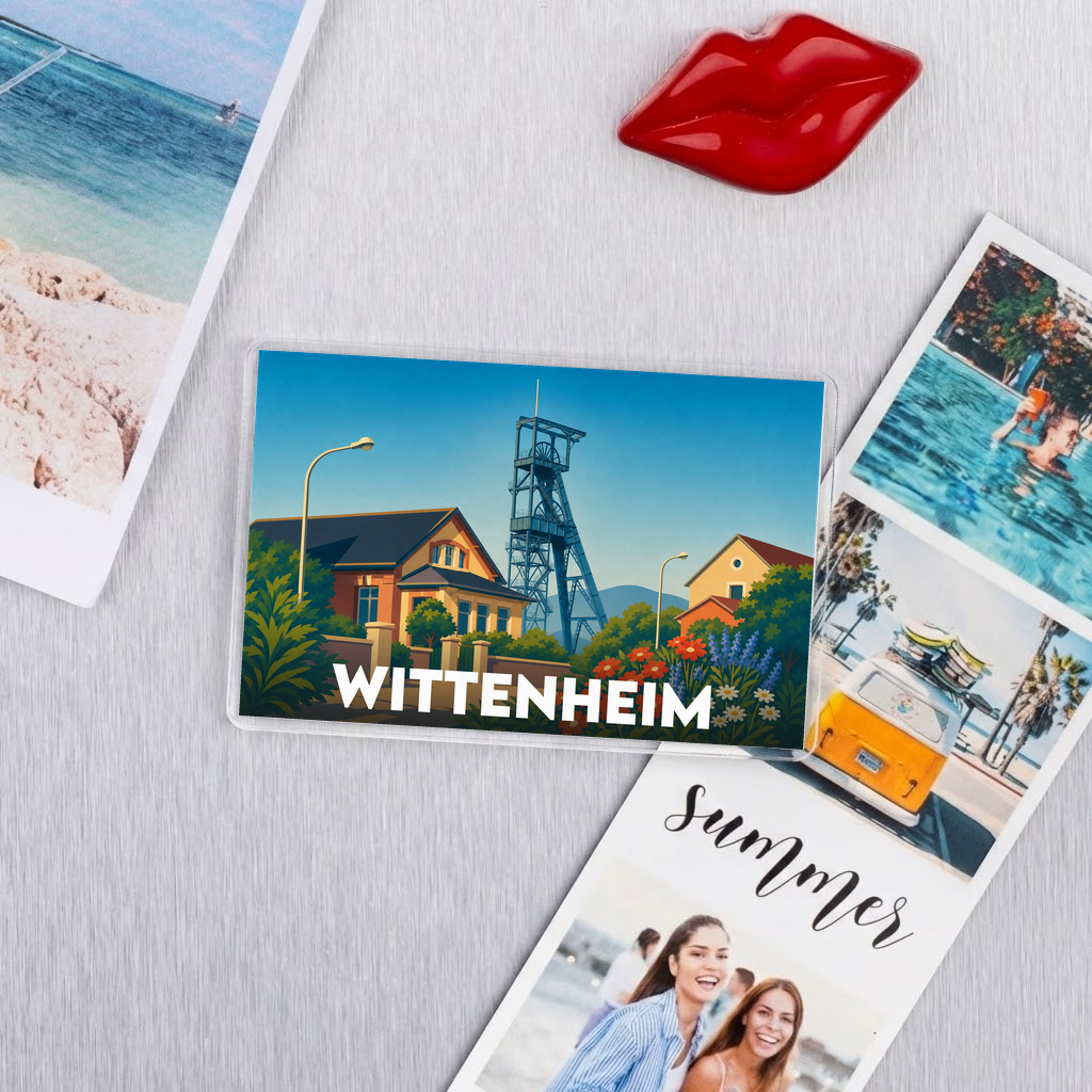 Magnet souvenir de la ville de Wittenheim avec une illustration stylisée.