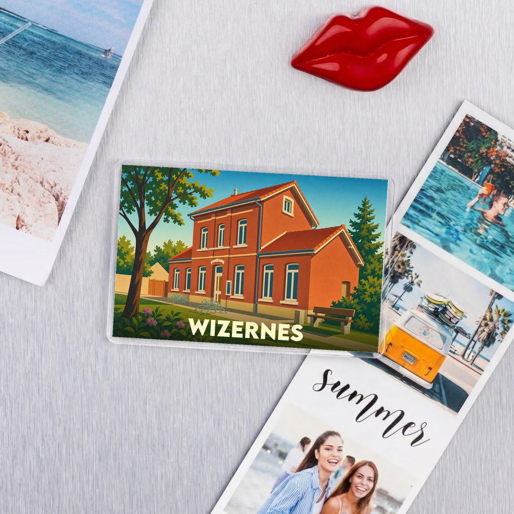 Magnet souvenir de la ville de Wizernes avec une illustration stylisée d'un bâtiment rouge.