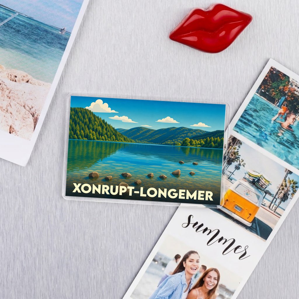 Magnet rectangulaire souvenir de la ville de Xonrupt-Longemer avec une illustration stylisée d'un lac de montagne.