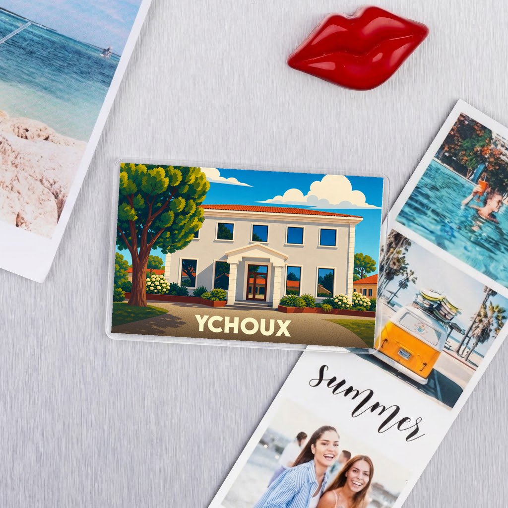 Magnet souvenir de la ville de Ychoux avec une illustration stylisée d'une maison landaise.