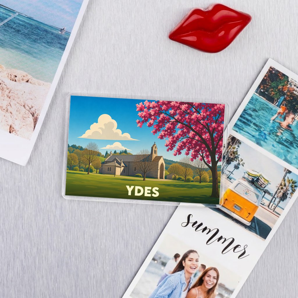 Magnet souvenir de la ville de Ydes avec une illustration stylisée d'une église et d'un arbre en fleurs.