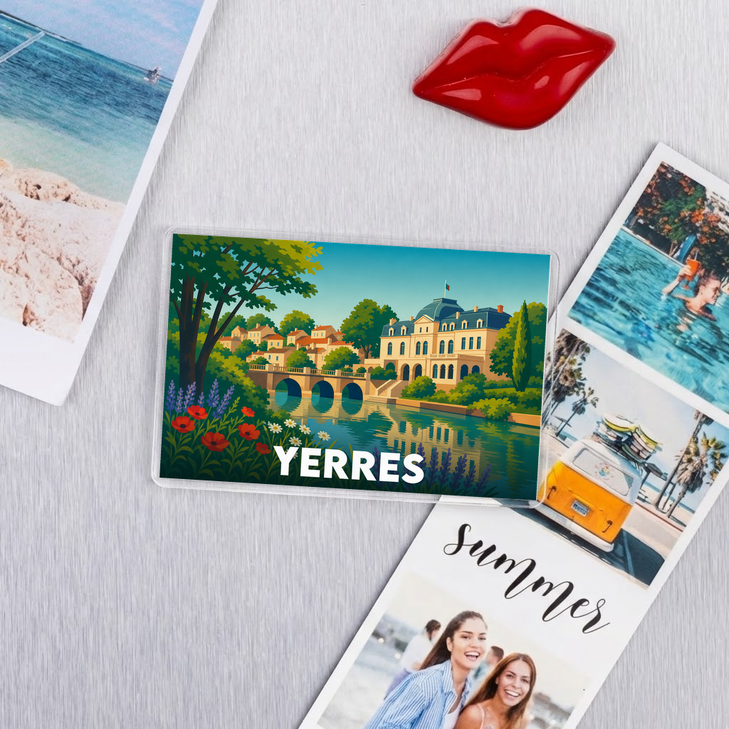 Magnet souvenir de la ville de Yerres avec une illustration stylisée d'un château en bord de rivière.