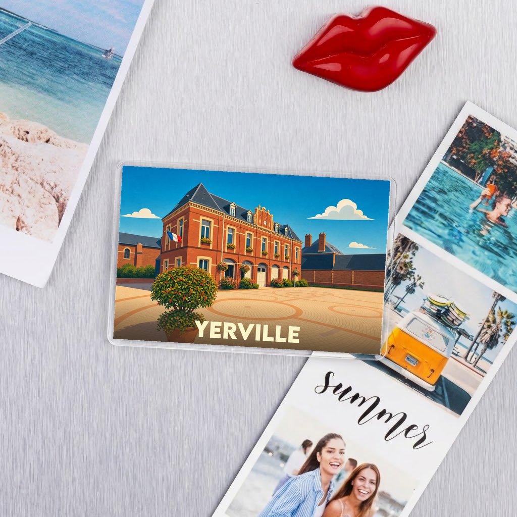 Magnet souvenir de la ville de Yerville avec une illustration stylisée de sa mairie.
