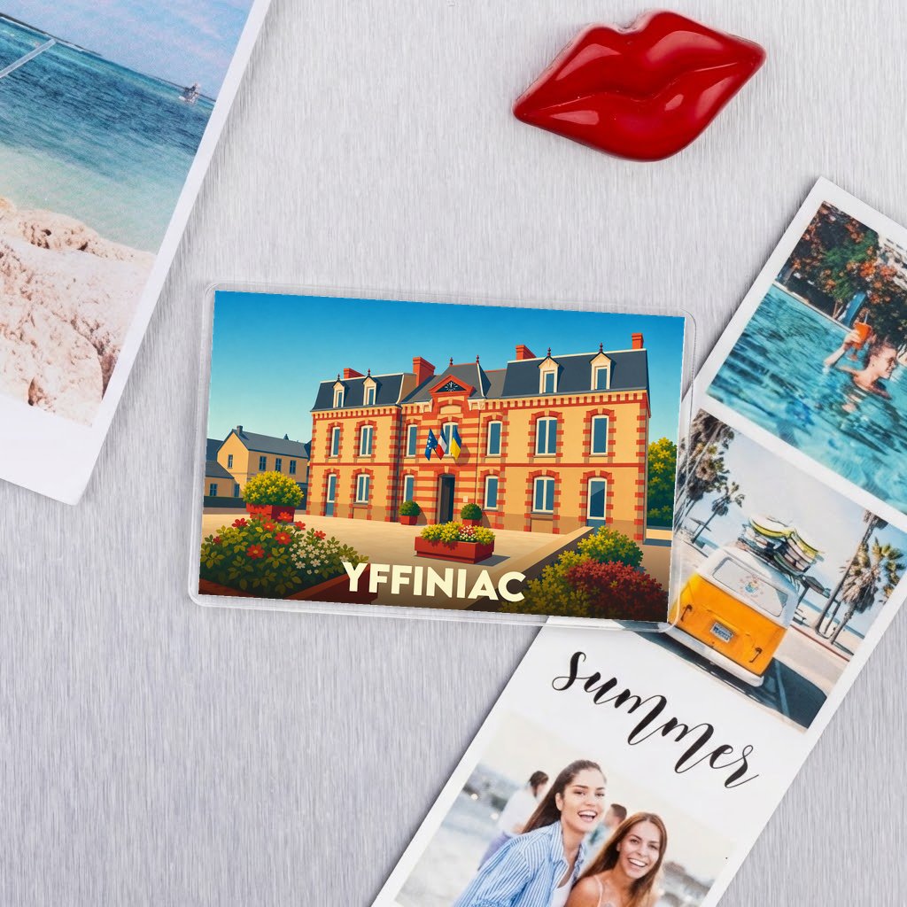 Magnet souvenir de la ville d'Yffiniac avec une illustration stylisée de sa mairie.