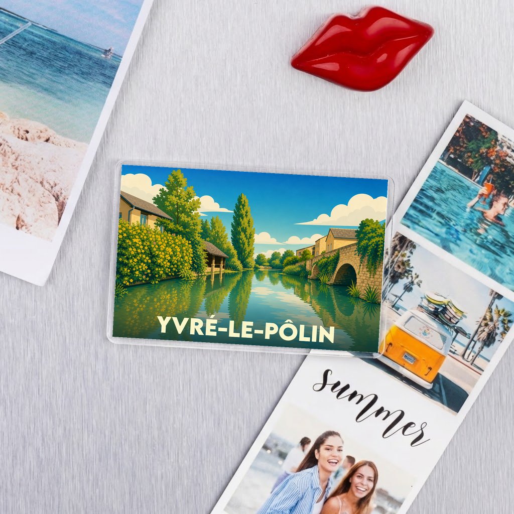 Magnet souvenir de la ville d'Yvré-le-Pôlin avec une illustration stylisée d'un paysage fluvial.