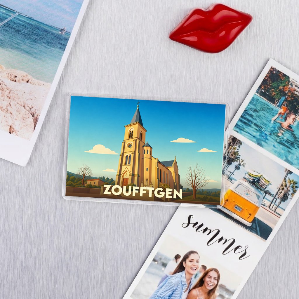 Magnet souvenir de la ville de Zoufftgen avec une illustration stylisée de son église.