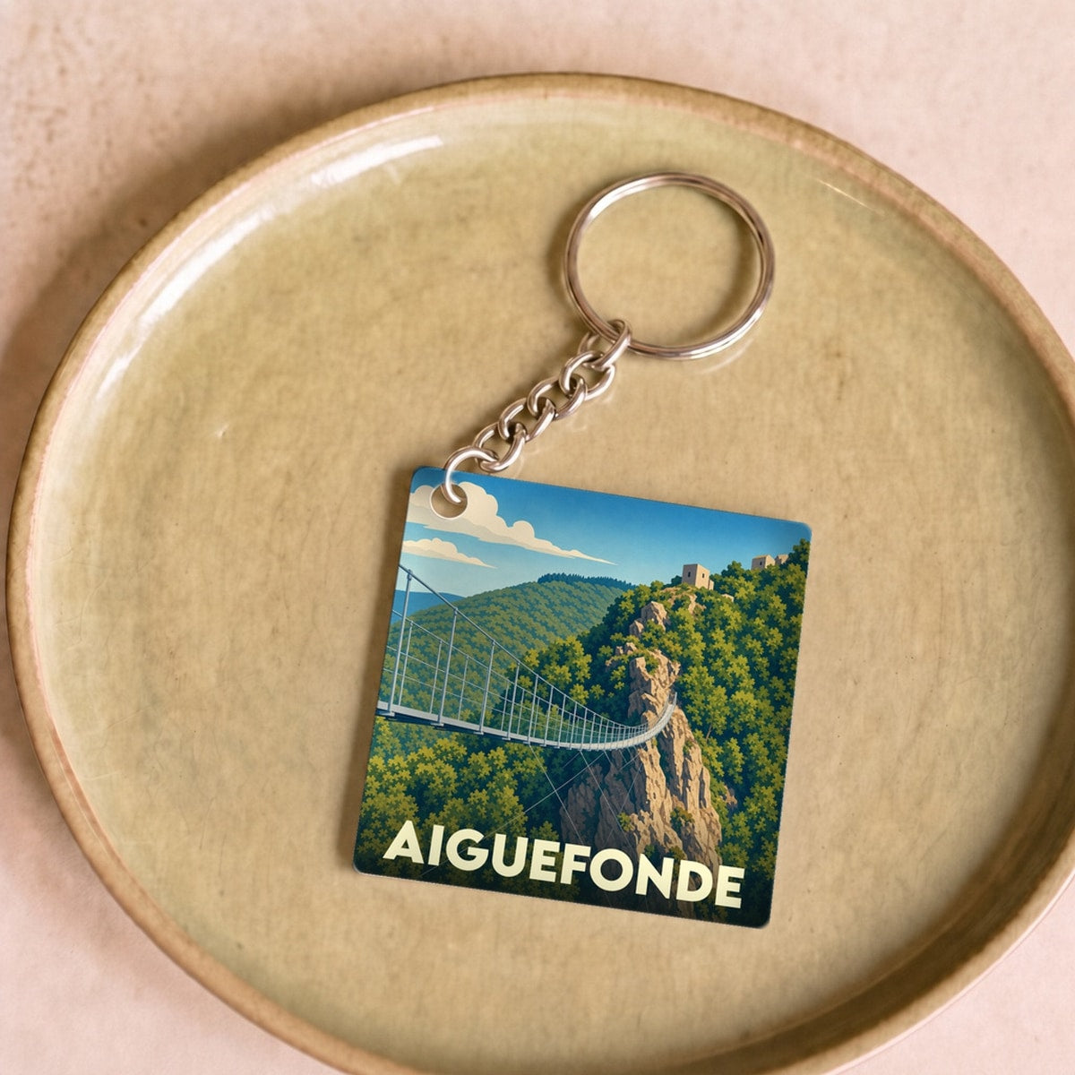 Porte-clés souvenir de la ville d'Aiguefonde avec une illustration stylisée d'une passerelle suspendue.