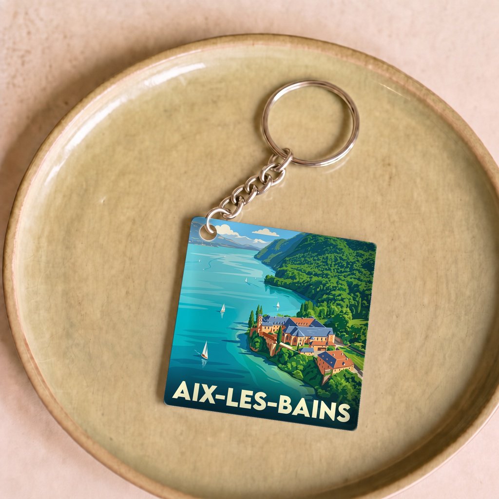 Porte-clés souvenir de la ville d'Aix-les-Bains avec une illustration stylisée de son paysage lacustre.