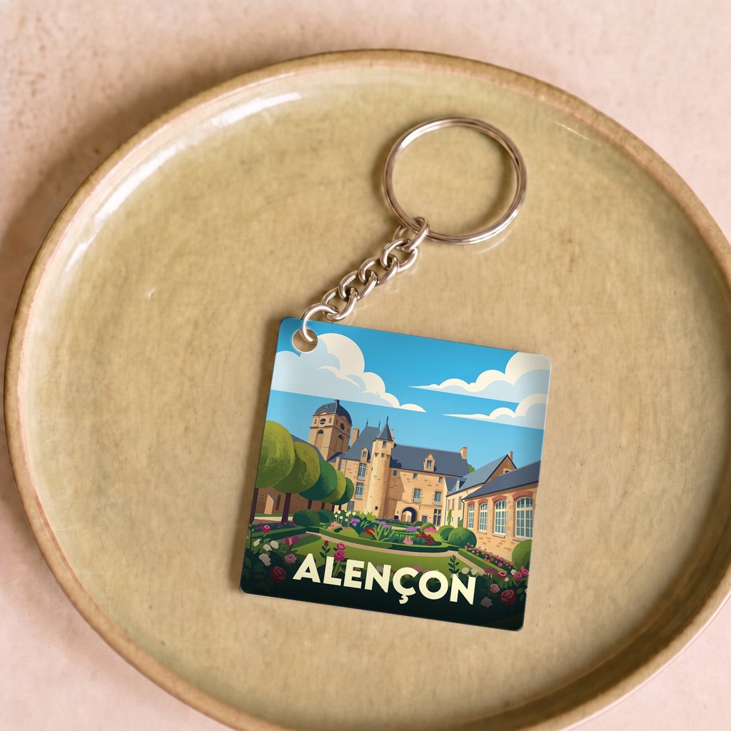 Porte-clés souvenir de la ville d'Alençon avec une illustration stylisée.