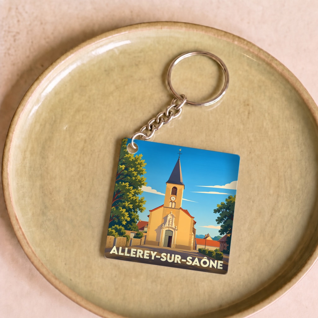 Porte-clés souvenir de la ville d'Allerey-sur-Saône avec une illustration stylisée de son église.