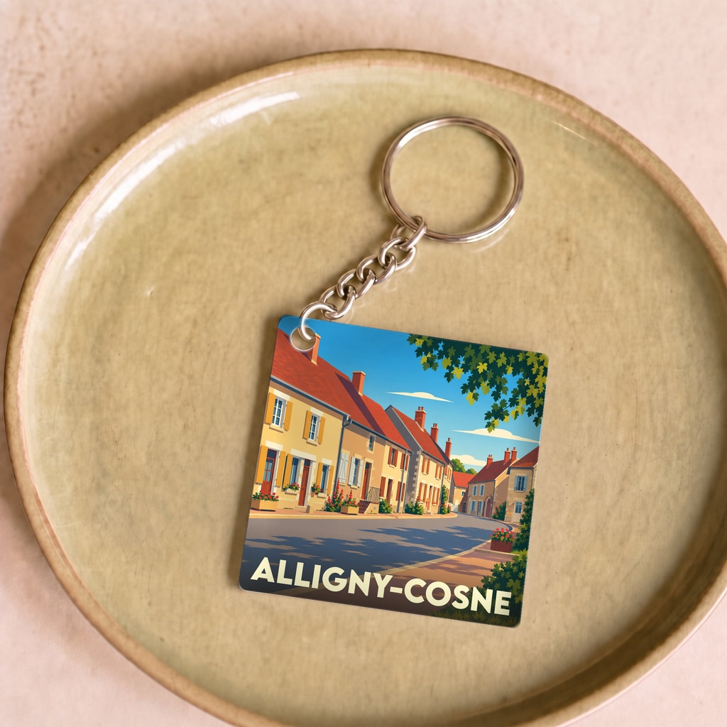 Porte-clés souvenir de la ville d'Alligny-Cosne avec une illustration stylisée de ses rues colorées.