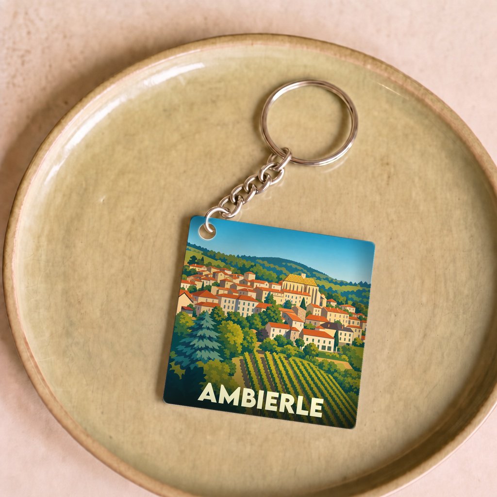 Porte-clés souvenir de la ville d'Ambierle avec une illustration stylisée de ses paysages et vignobles.