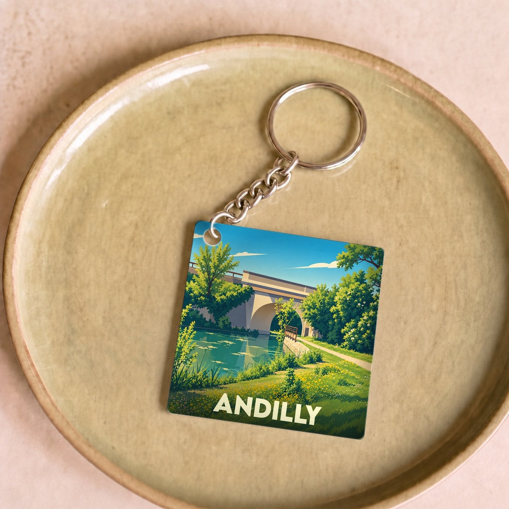 Porte-clés souvenir de la ville d'Andilly avec une illustration stylisée d'un pont au-dessus de l'eau.
