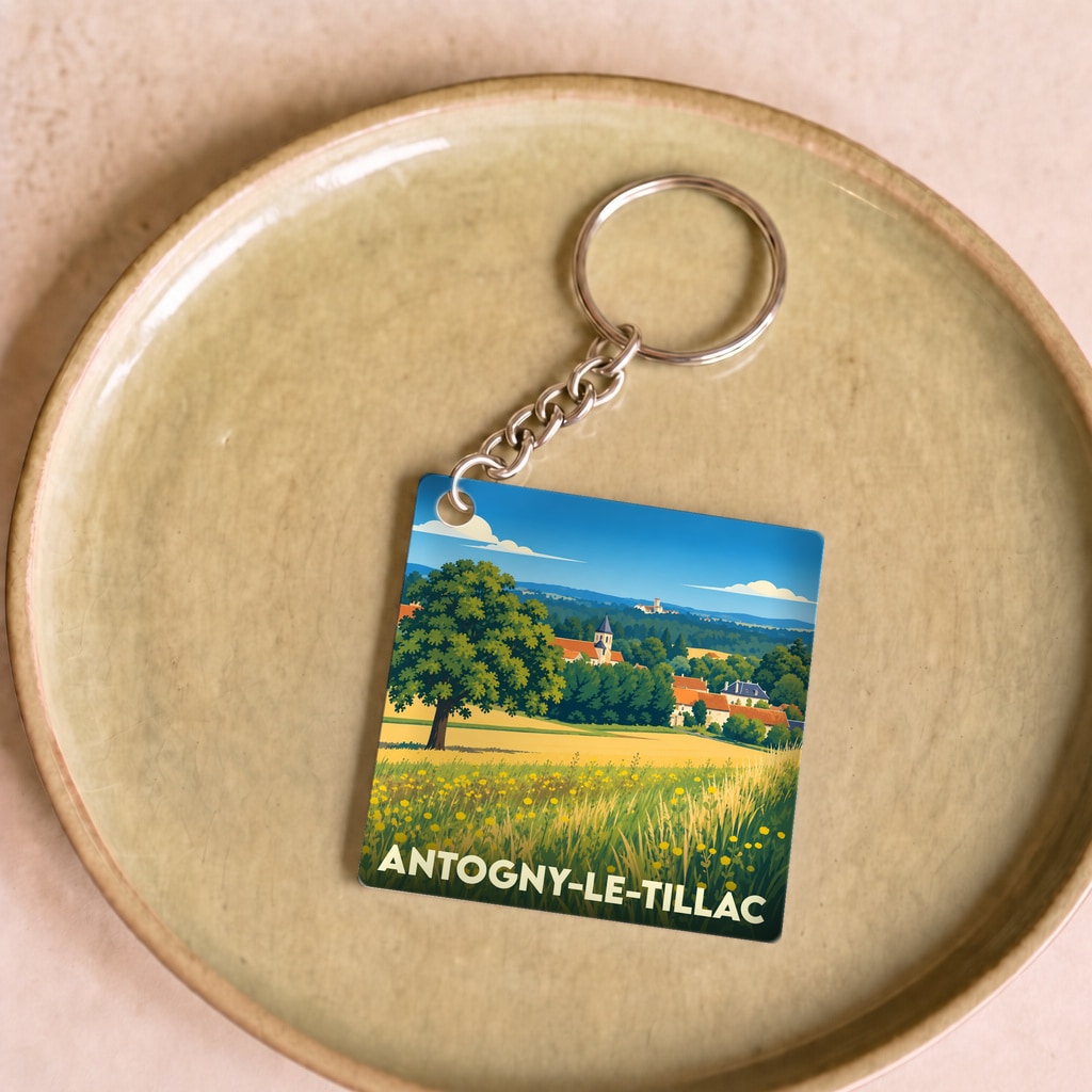 Porte-clés souvenir de la ville de Antogny-le-Tillac avec une illustration champêtre stylisée.