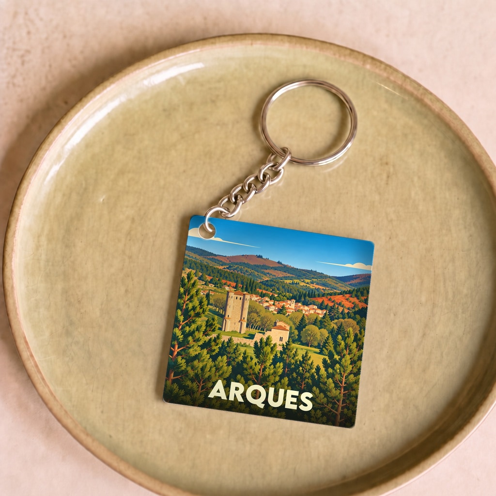 Porte-clés souvenir de la ville de Arques avec une illustration stylisée de son château et de ses paysages.