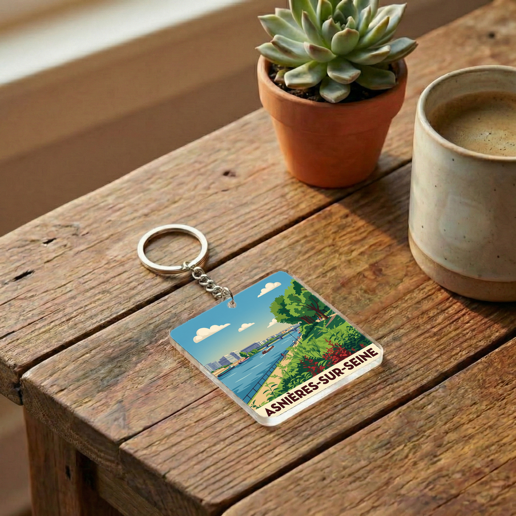 Porte-clés souvenir de la ville de Asnières-sur-Seine avec une illustration stylisée.