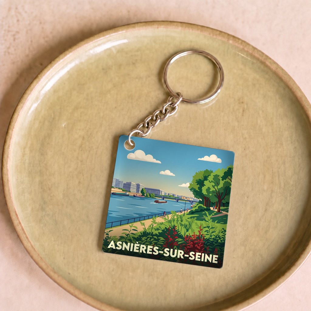 Porte-clés souvenir de la ville de Asnières-sur-Seine avec une illustration stylisée.