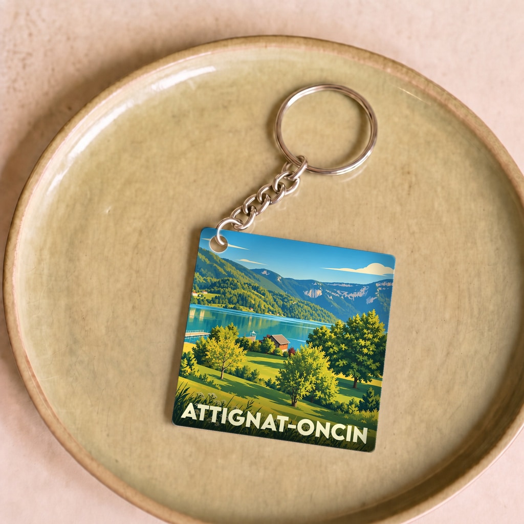 Porte-clés souvenir de la ville d'Attignat-Oncin avec une illustration stylisée de son lac et de ses montagnes.