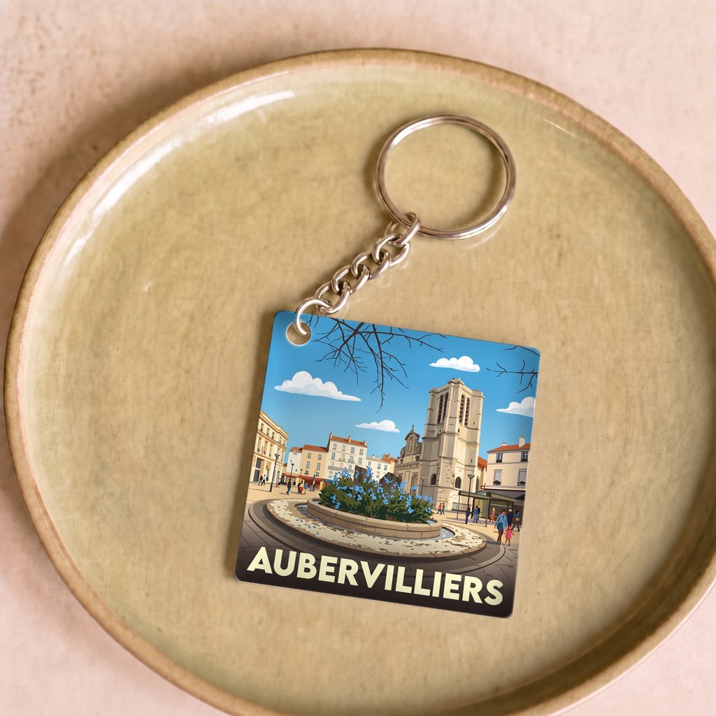 Porte-clés souvenir de la ville d'Aubervilliers avec une illustration stylisée.