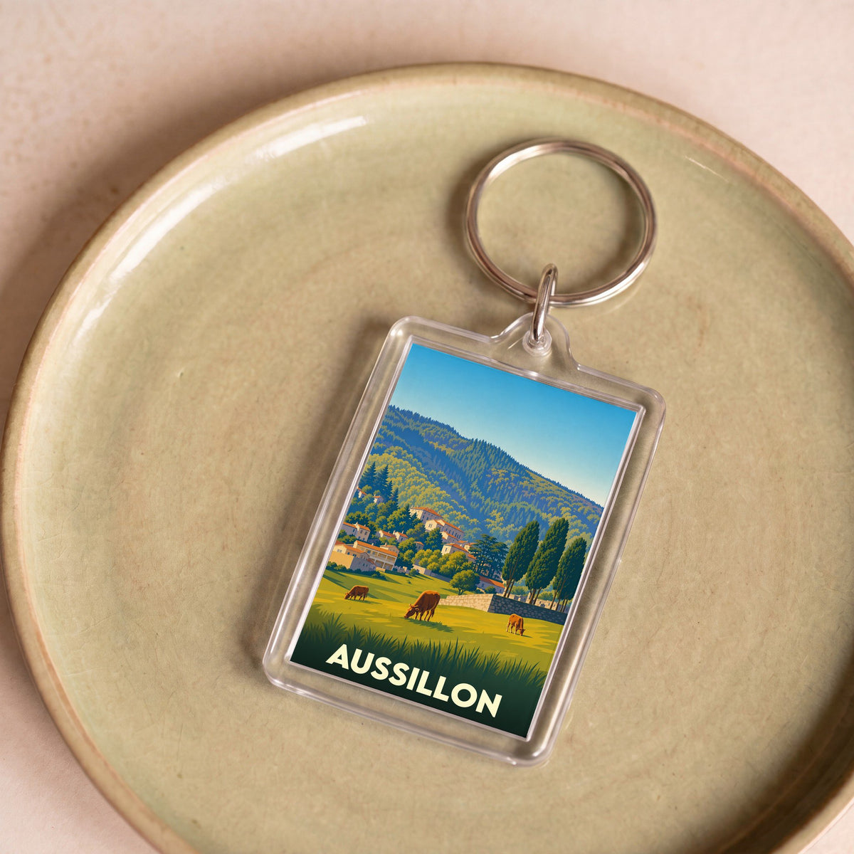 Porte-clés souvenir de la ville d'Aussillon avec une illustration stylisée d'un paysage de montagne et de pâturages.