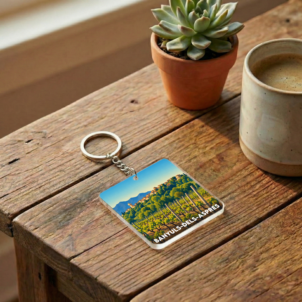 Porte-clés souvenir de la ville de Banyuls-dels-Aspres avec une illustration stylisée.