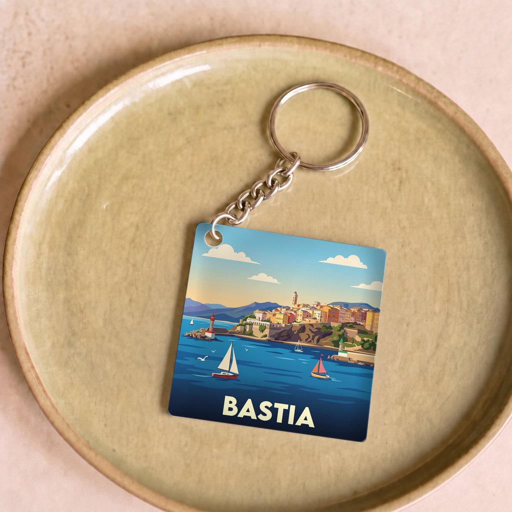 Porte-clés souvenir de la ville de Bastia avec une illustration stylisée.