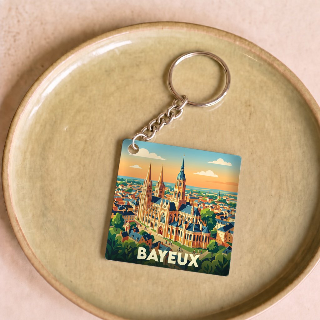 Porte-clés souvenir de la ville de Bayeux avec une illustration stylisée.