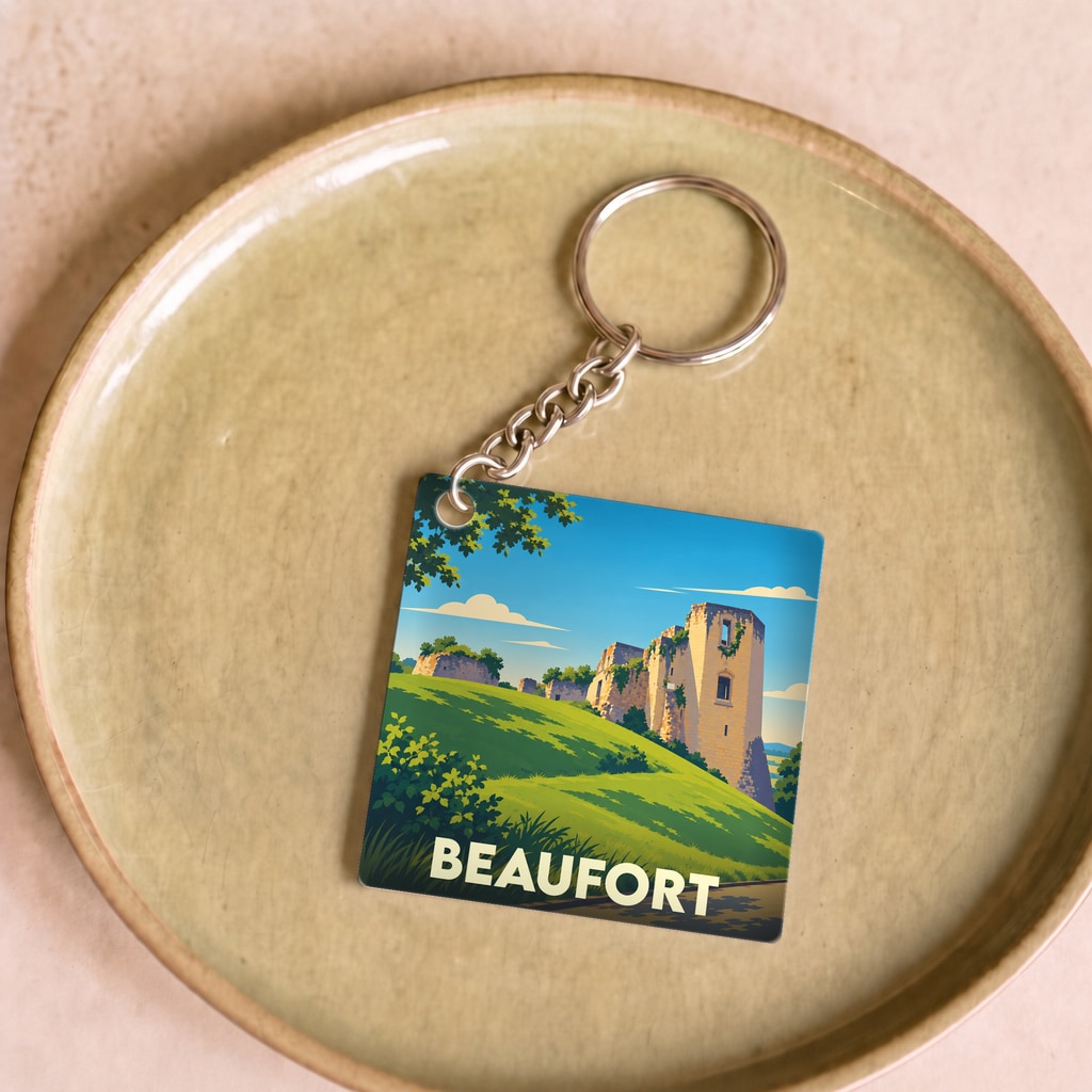 Porte-clés souvenir de la ville de Beaufort avec une illustration stylisée d'un château médiéval.