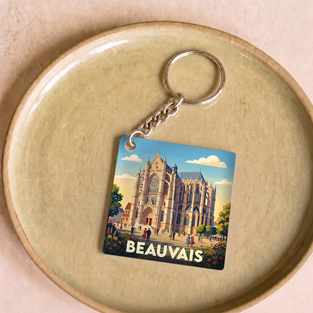 Porte-clés souvenir de la ville de Beauvais avec une illustration stylisée de sa cathédrale.