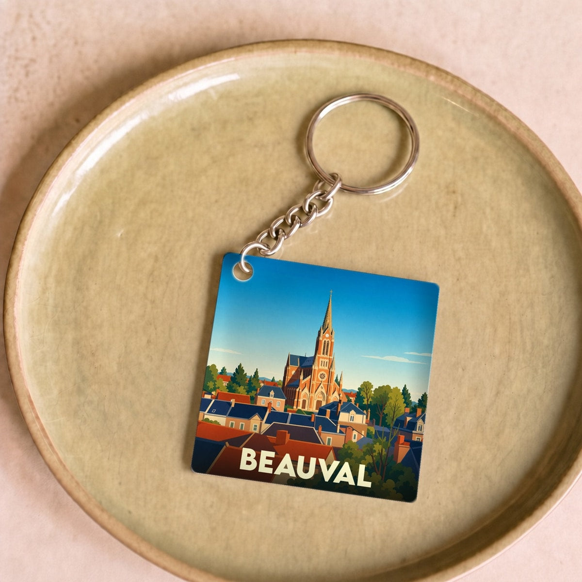 Porte-clés souvenir de la ville de Beauval avec une illustration stylisée.