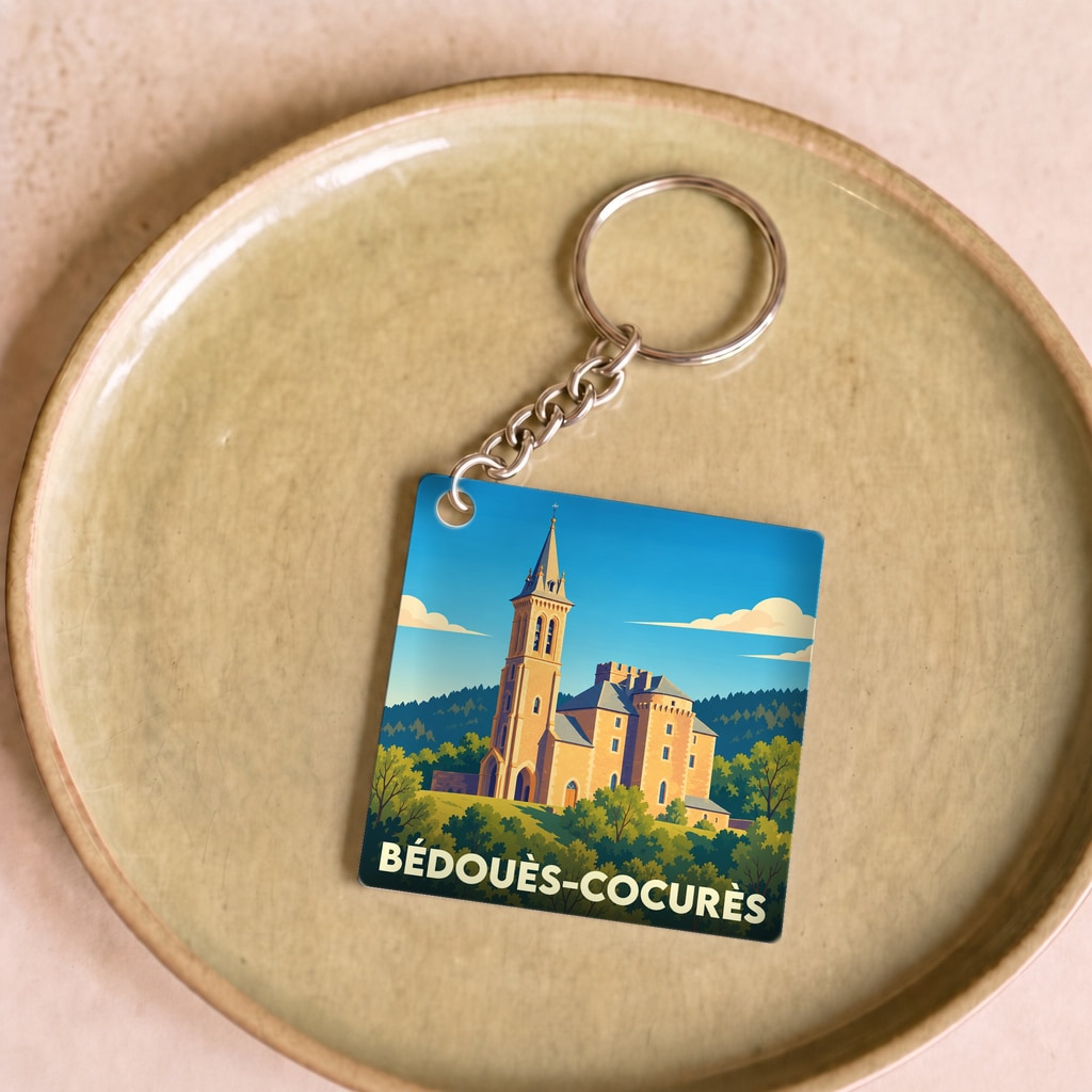 Porte-clés souvenir de la ville de Bédouès-Cocurès avec une illustration stylisée de sa collégiale.