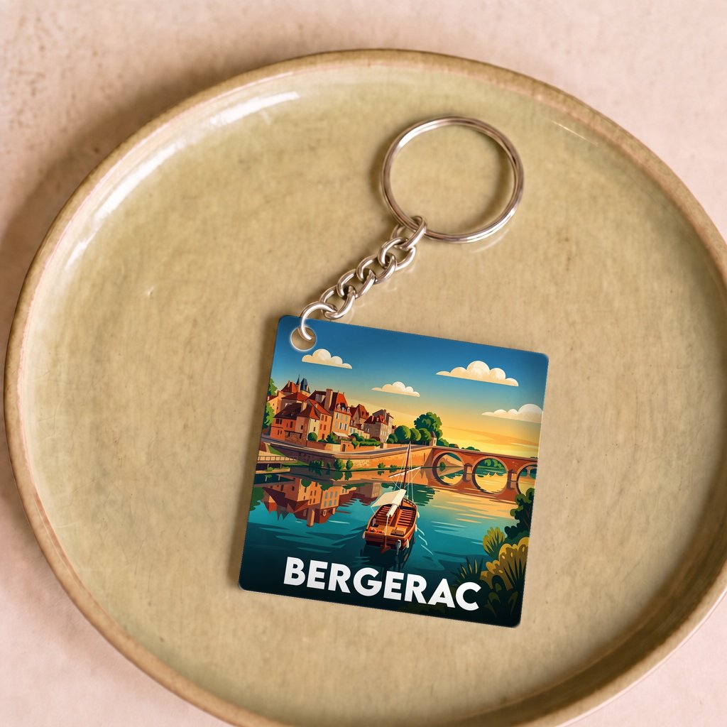Porte-clés souvenir de la ville de Bergerac avec une illustration stylisée de son paysage fluvial.