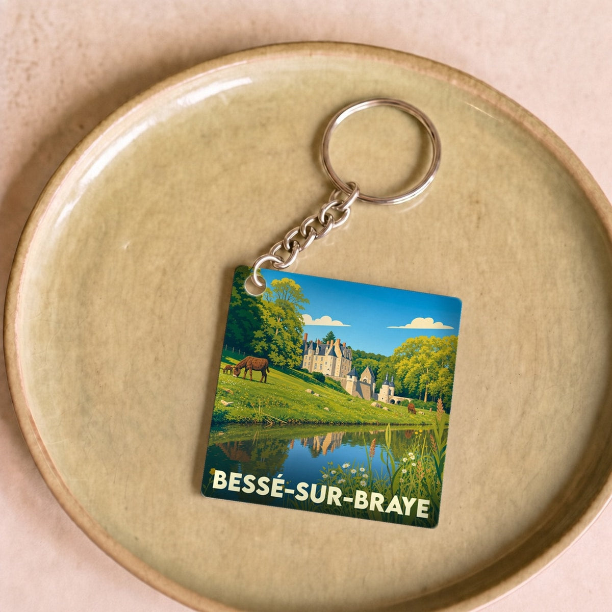Porte-clés souvenir de la ville de Bessé-sur-Braye avec une illustration stylisée.
