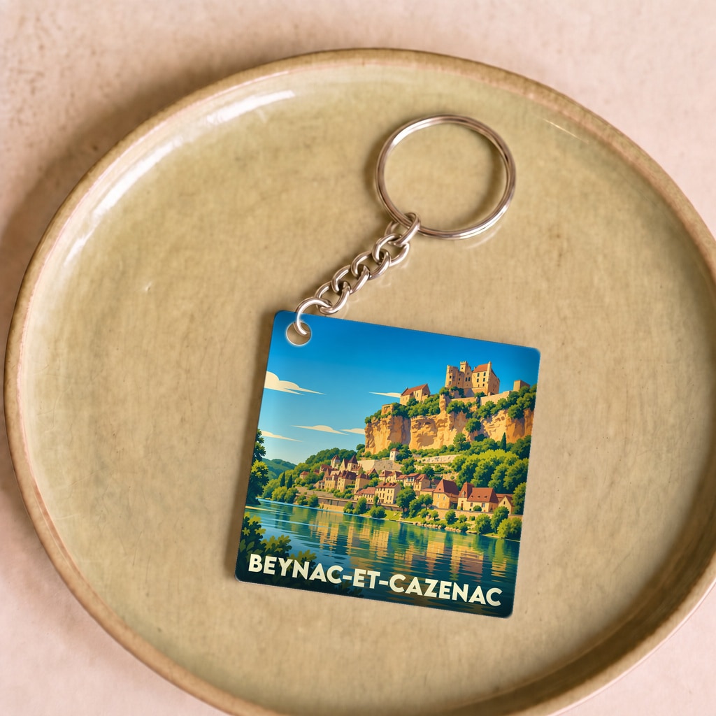 Porte-clés souvenir de la ville de Beynac-et-Cazenac avec une illustration stylisée.