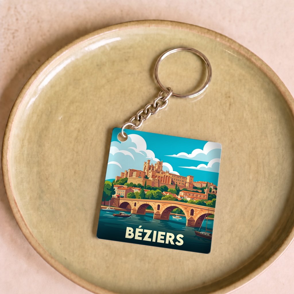 Porte-clés souvenir de la ville de Béziers avec une illustration stylisée.