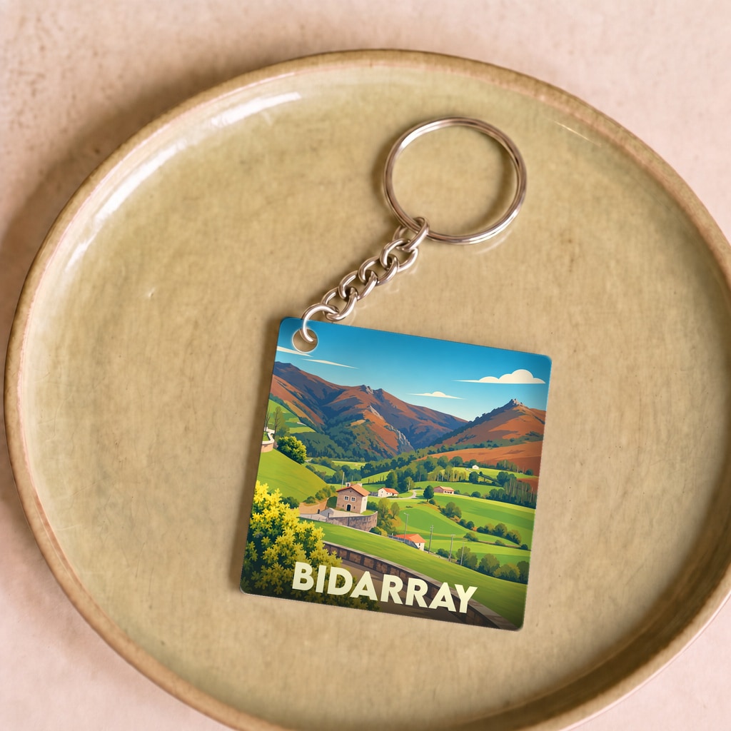 Porte-clés souvenir de la ville de Bidarray avec une illustration stylisée de ses paysages montagneux.
