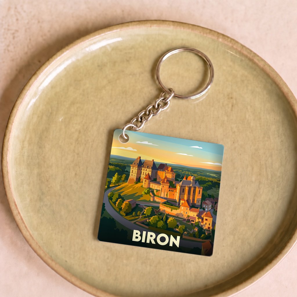 Porte-clés souvenir de la ville de Biron avec une illustration stylisée.