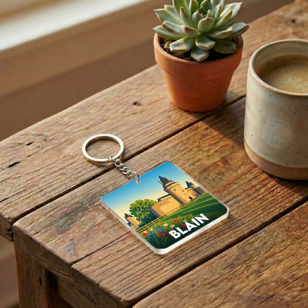 Porte-clés souvenir de la ville de Blain avec une illustration stylisée d'un château.