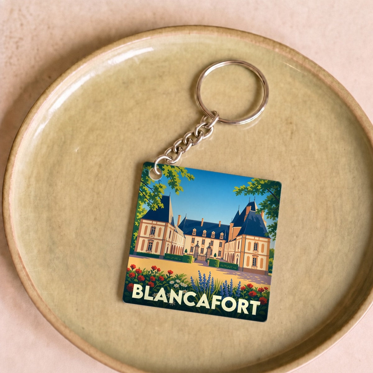 Porte-clés souvenir de la ville de Blancafort avec une illustration stylisée de son château.