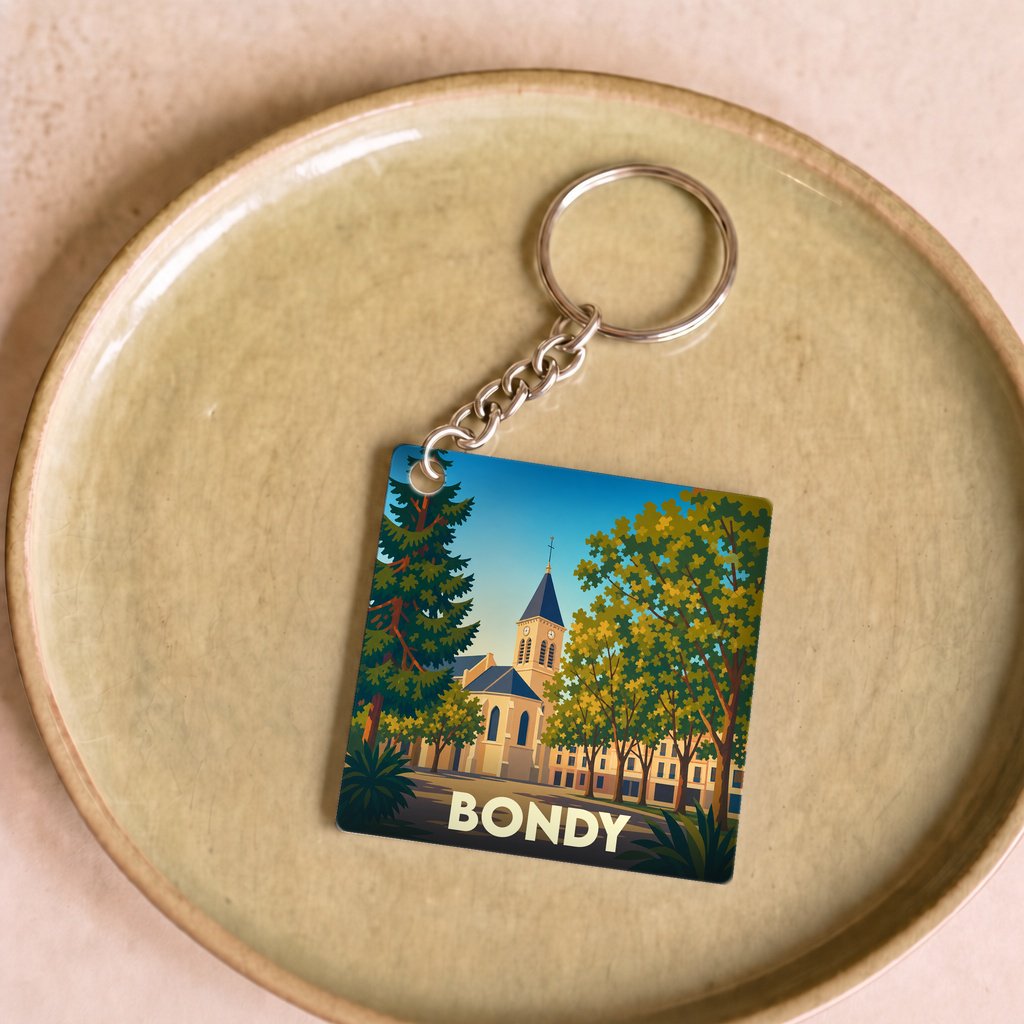 Porte-clés souvenir de la ville de Bondy avec une illustration stylisée de son église et de ses arbres.
