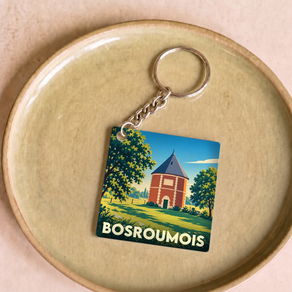 Porte-clés souvenir de la ville de Bosroumois avec une illustration stylisée d'un monument local.