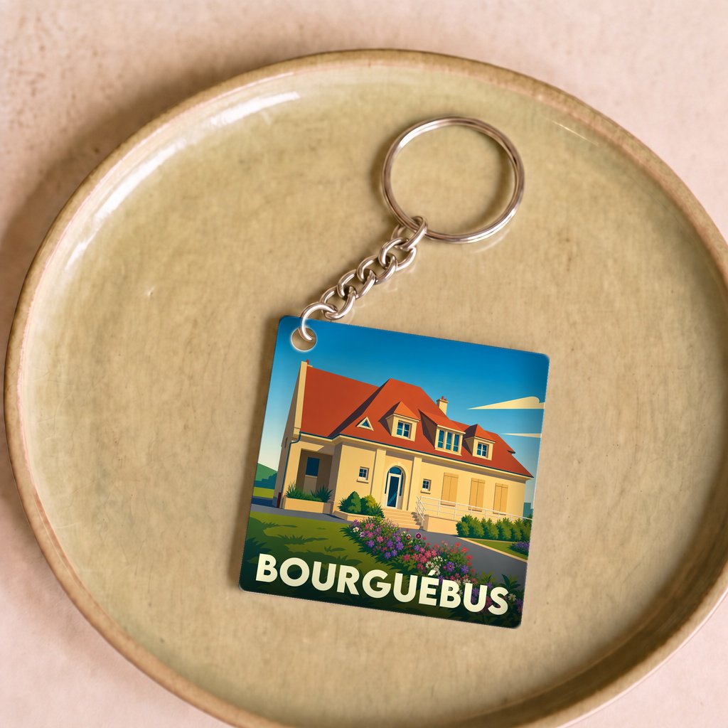 Porte-clés souvenir de la ville de Bourguébus avec une illustration stylisée d'une maison normande.