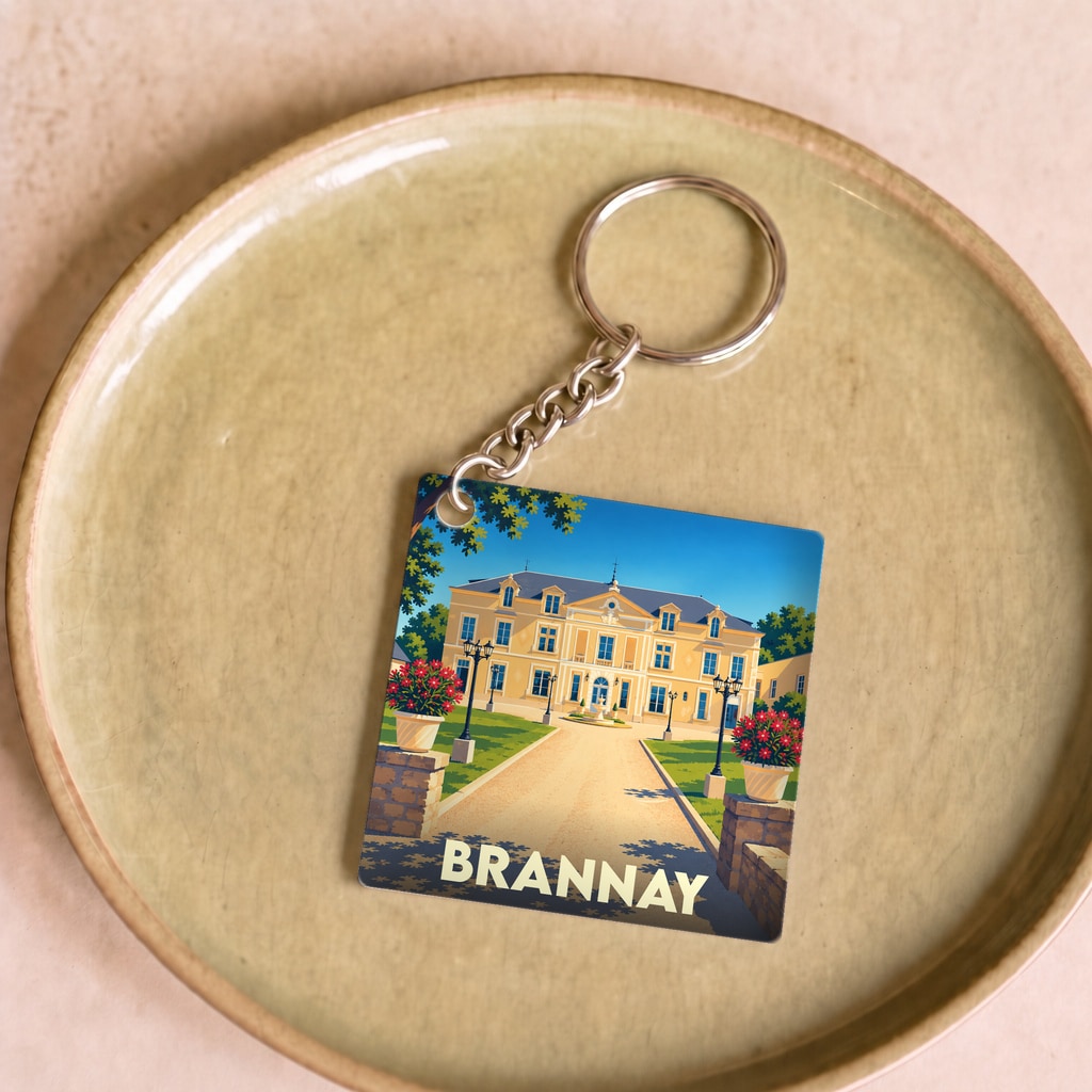 Porte-clés souvenir de la ville de Brannay avec une illustration colorée d'un château.