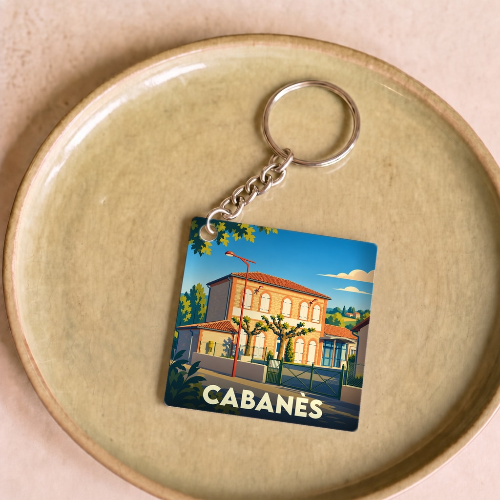 Porte-clés souvenir de la ville de Cabanès avec une illustration stylisée.