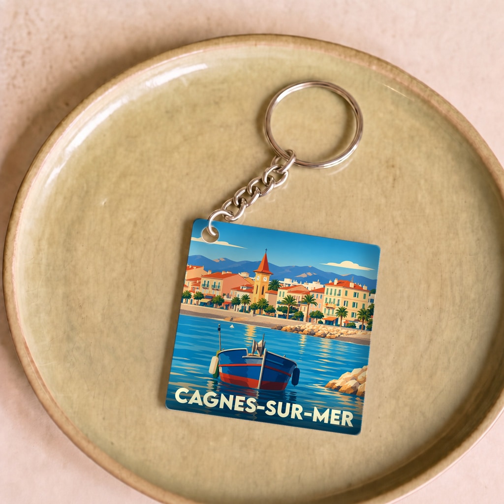 Porte-clés souvenir de la ville de Cagnes-sur-Mer avec une illustration stylisée du bord de mer.