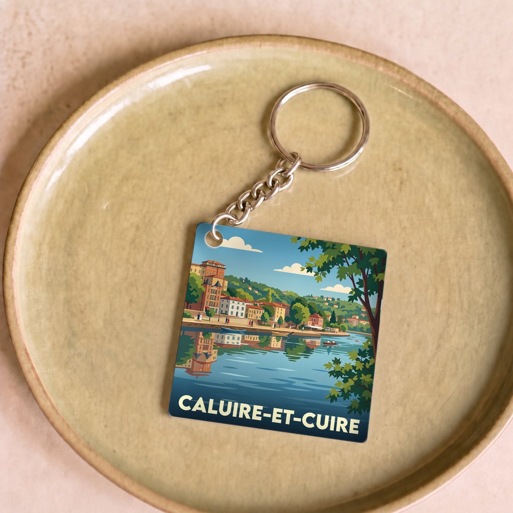 Porte-clés souvenir de la ville de Caluire-et-Cuire avec une illustration stylisée du paysage urbain.